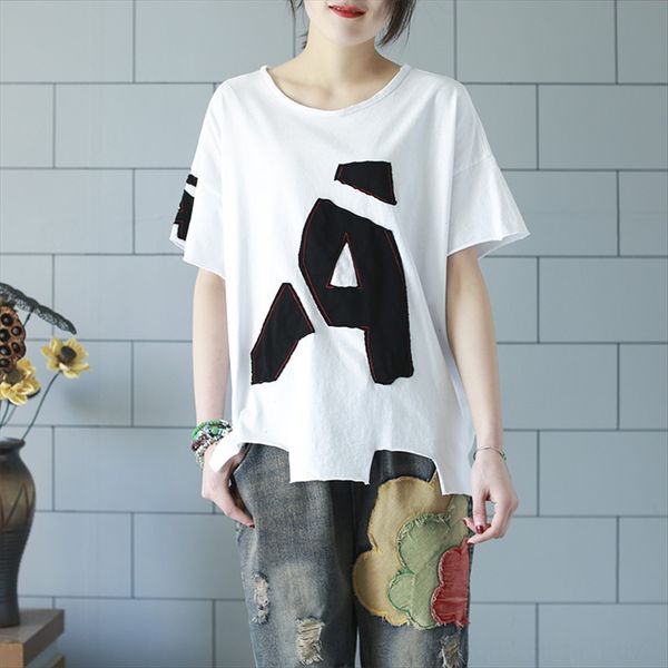 

cotton loose letter bamboo short-sleeved t- women's hem irregular cotton loose letter bamboo short-sleeved shirt t-shirt women's h, White