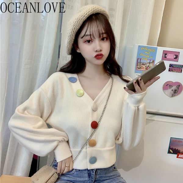 

oceanlove v шея короткая cardigans женщины 2020 красочный кнопки сладкие ins горячие свитера фонариков мода рукава chaqueta mujer 13905, White