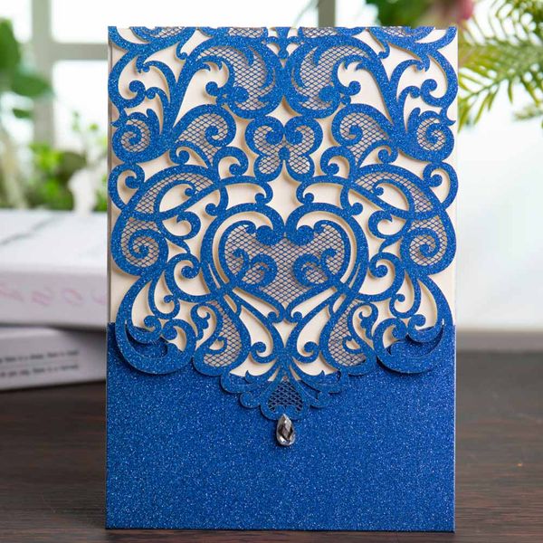 

wishmade glitter royal blue laser cut wedding invitations cards with rhinestone vintage flower design for birthday party supplie