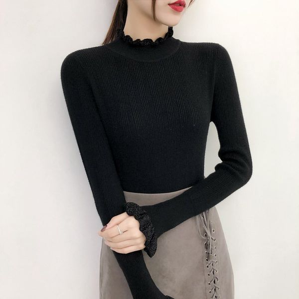 

2020 new arrival slim lace ruffles women sweater fashion sweet solid color bottoming shirt long sleeve knit pullover, White;black