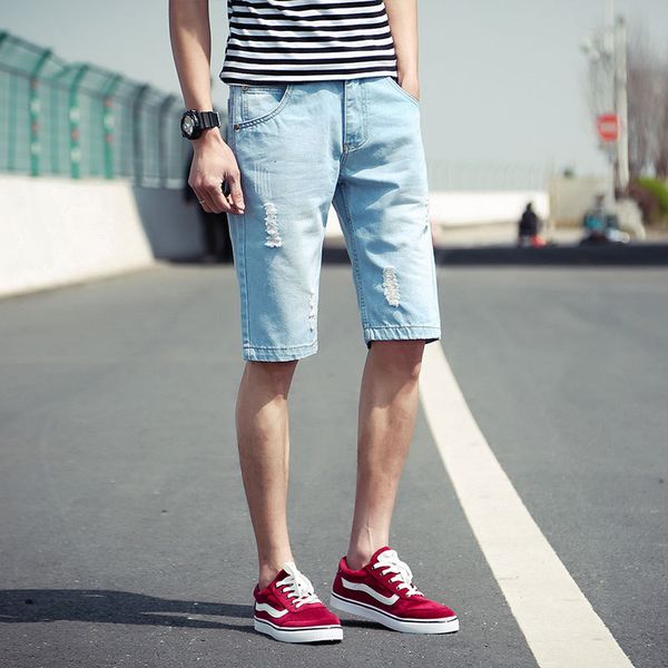 

with holes extra-large knee-length denim shorts thin men's denim shorts short jeans, Blue
