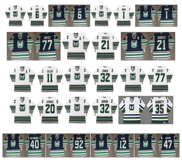 

vintage hartford whalers jerseys 20 kypreos 32 grimson 35 garrett 11 cullen 32 craven 77 paul coffey 21 andrew cassels ccm custom hockey, Black;red