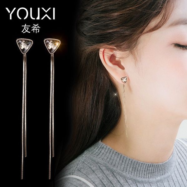

new versatile triangular crystal earrings one pair of netred earrings long style tassel pendant one stud girl, Golden;silver