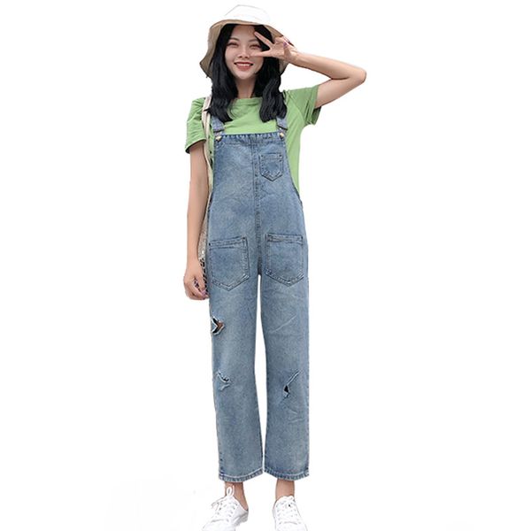 

2019 spring autumn denim jumpsuit womens boyfriend loose vintage ripped hole high waist denim overalls plus size, Blue