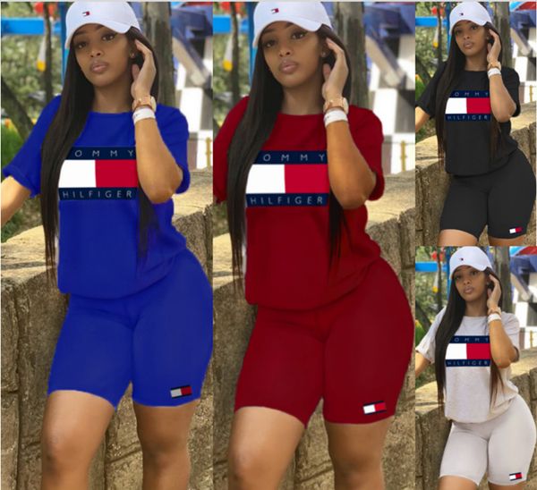 

women designer brand two piece set pullover t-shirt short sleeve crew neck shorts bodycon leggings above knee summer clothing plus size 522, White