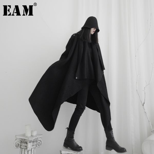 

eam] women black asymmetrical big size trench new lapel long sleeve loose fit windbreaker fashion autumn winter 2019 19a-a572, Tan;black