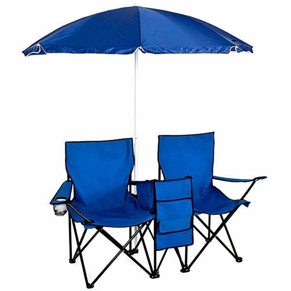 

double portable folding picnic chair w/umbrella table cooler beach camping chair