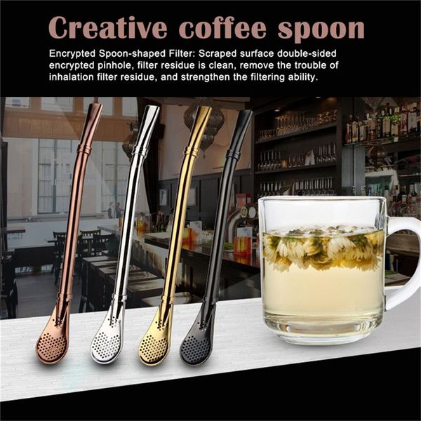 

creative 304 stainless steel filter straw spoon stirrup straw spoon non-slip creative coffee scoop western stirring spoon cutlery with brush