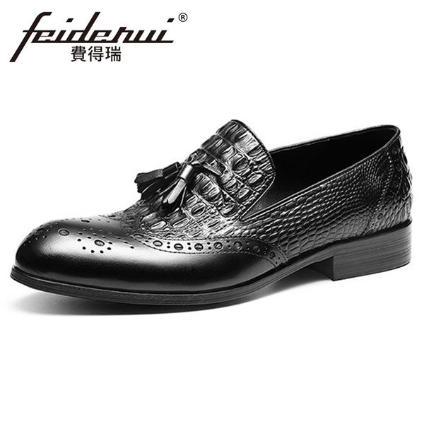 

british genuine leather men alligator pattern wingtip loafers pointed toe slip on man formal dress handmade brogue shoes fhs114, Black