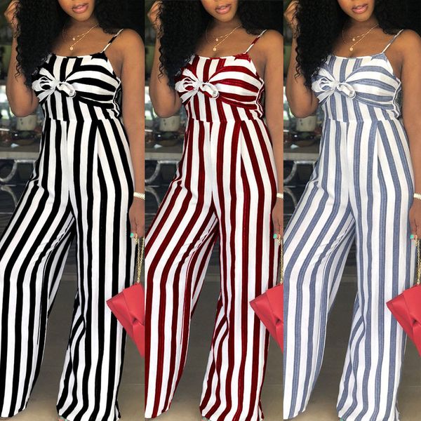 

jumpsuit women sleeveless strap stripe rompers womens jumpsuits bowknot striped bodysuit party clubwear wide leg trousers, Black;white