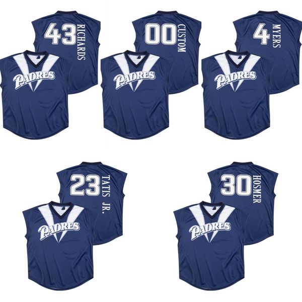 

custom 1999 turn ahead the clock jersey 4 wil myers 23 fernando tatis jr. 30 eric hosmer 43 garrett richards navy men women baseball jersey, Blue;black