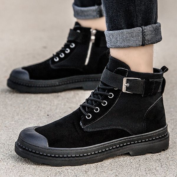 

2019 autumn winter men shoes breathable lace-up men casual shoes high-leahter boots retro tooling boots zapatos hombre, Black