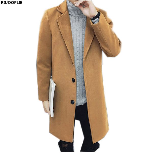 

riuooplie men fashion casual long gentleman woolen overcoat wind warm coat jackets, Black