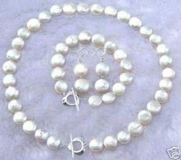 

1-12mm white coin pearl necklace bracelet earring set, Silver