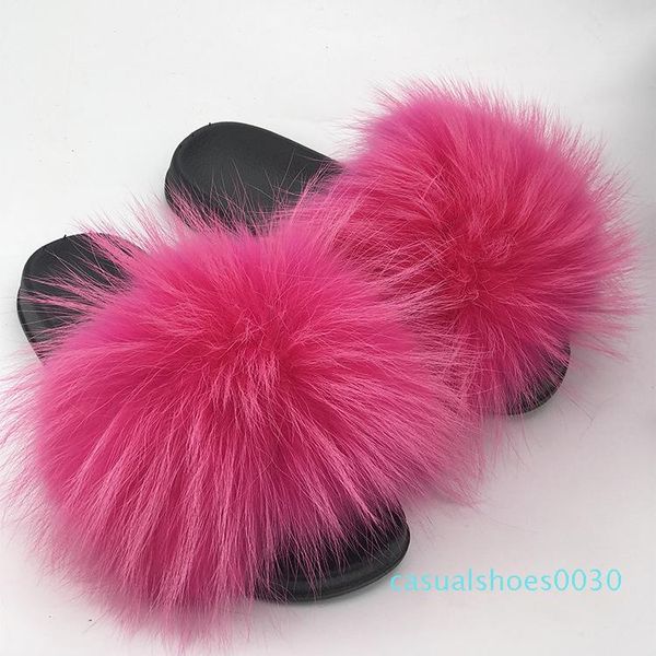 

slippers real fox fur women 2019 sliders casual fox hair flat fluffy fashion home summer big size 45 furry flip flops shoes t06, Black