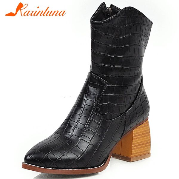 

karin 2019 classic big size 47 shoes woman western boots female shoes chunky heels mid-calf boots women, Black