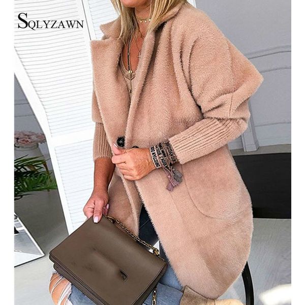 

women autum winter warm coat khaki pink blue solid loose fluffy single button long coat soft outwear women warm jacket plus size, Black