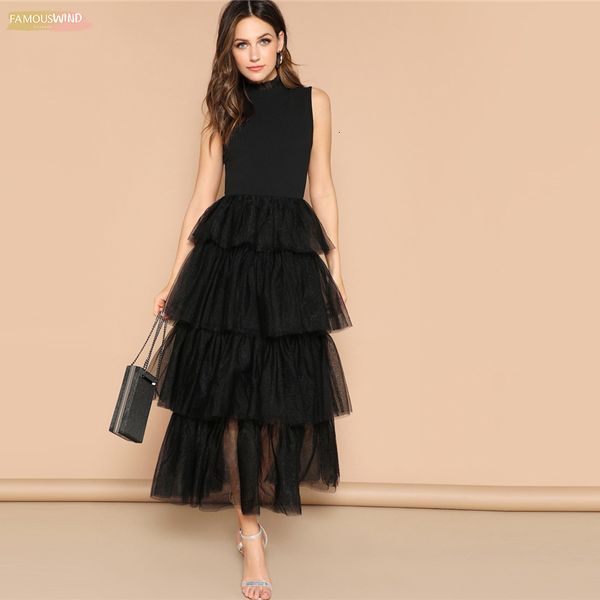 

dresses black mixed media layered contrast mesh ruffle long dress elegant mock-neck sleeveless 2019 spring glamorous, Black;gray