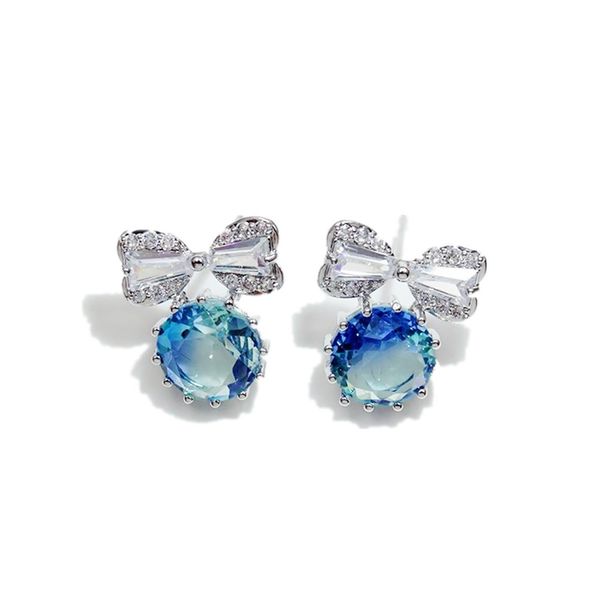 

new 925 silver needle elegant tourmaline zircon bowknot stud earrings for women lady girl fashion jewelry, Golden;silver