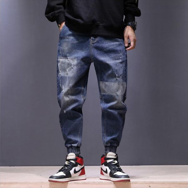 

2019 high street fashion men jeans blue color loose fit harem trousers spliced jogger jeans punk style hip hop ripped men