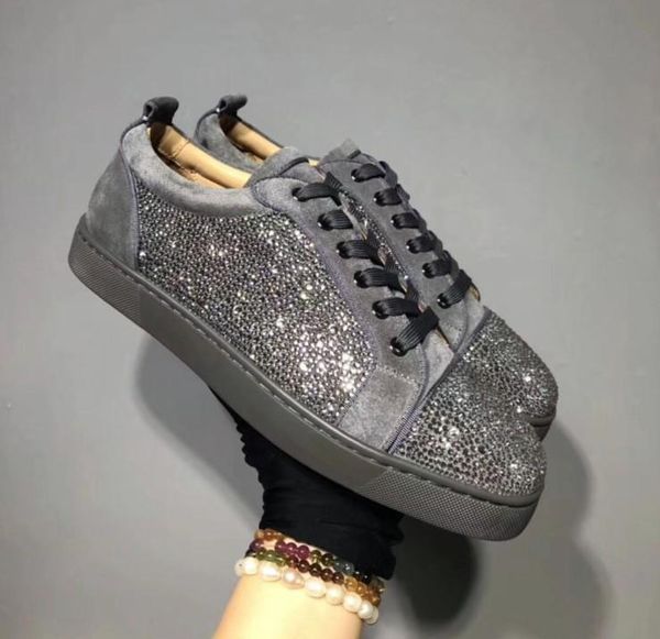 

designer sneakers red bottom spikes flat velours suede sneakers iron grey men trainers 100% real leather party shoes mn189601, Black