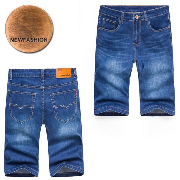 

2018 summer new style men elasticity knee-length denim shorts youth business straight-cut thin men's large size shorts men's, Blue