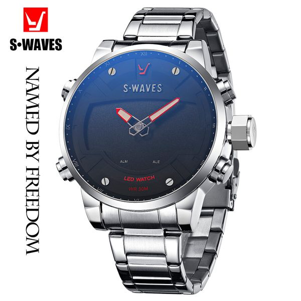 

luxurydual display men watch swaves big brand led water resistant mens wrist watches stainless steel unique silver black montre homme, Slivery;brown