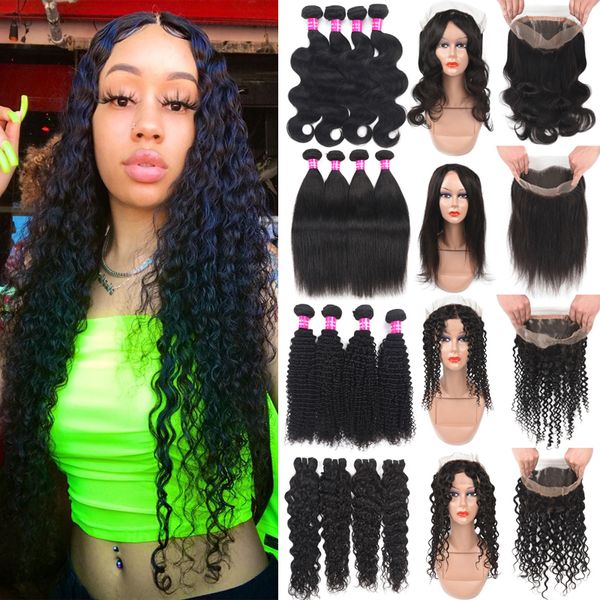 

pre plucked 360 lace frontal with bundles brazilian human hair wefts with closure deep wave kinky curly virgin hair weaves with lace frontal, Black
