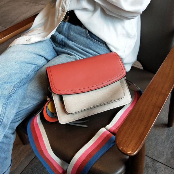

2020 women's bag contrasting color wide shoulder strap small square bag single shoulder messenger layer cowhide casual
