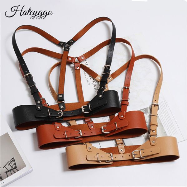 

hatcyggo fashion women punk harajuku o-ring garters faux leather body bondage cage sculpting harness waisband straps suspenders y200117, Slivery;black