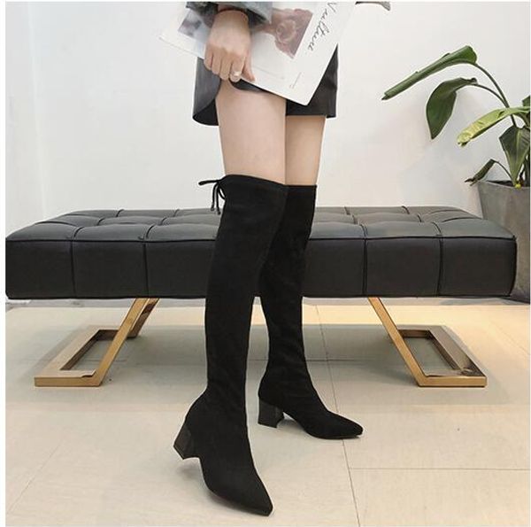 

2019 осень и зима указал на высоком каблуке колено толщиной с кружева up дымоход стрейч высокие сапоги, Black