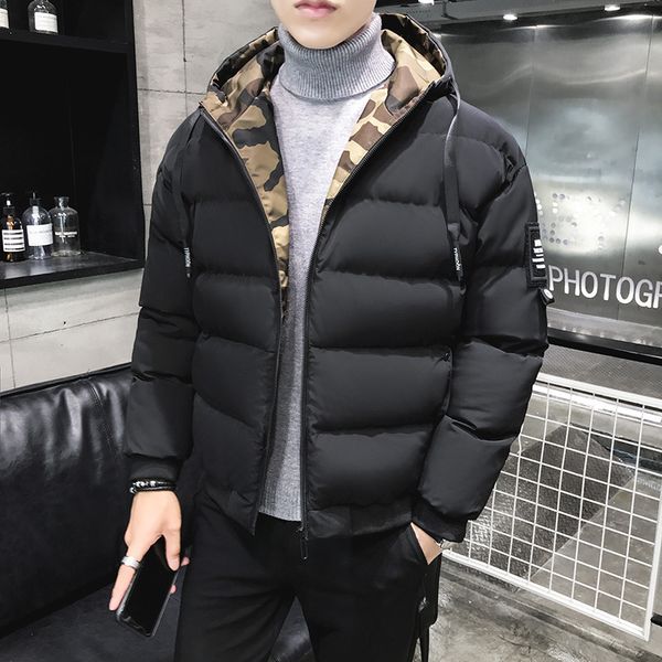 

men's cotton coat winter new cotton coat thicken warm hooded collar korean slim trend quilted casual jacket, Black