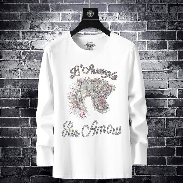

men's long sleeve t-shirt 2019 trend rhinestone slim handsome gas shirt net red large size tiger head s-7xl, White;black