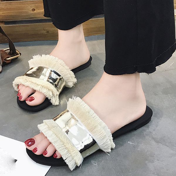 

2019 summer slippers women fashion fringe shoes flat slides women slippers beach sandals beige casual shoes, Black
