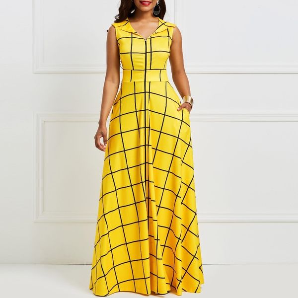 Acheter Clocolor Eté Robe Longue Vintage Jaune Plaid Robe Sans Manches Femmes Rétro Vêtements Africains Plus La Taille Une Ligne Maxi Robe J190430 De