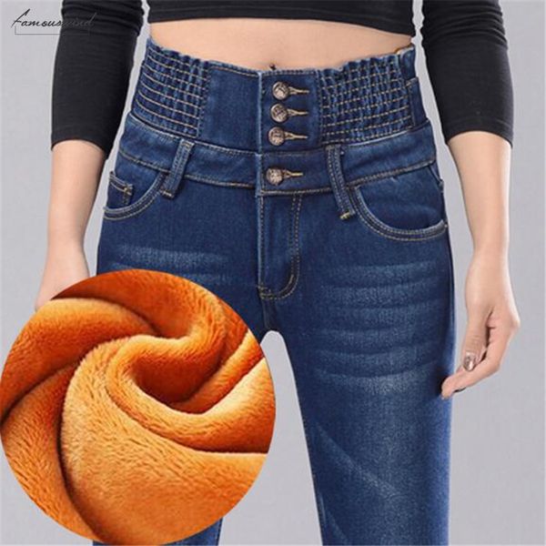 

fleece winter p8552 women 4 button warm denim pencil pants fashion high waist thick trousers streetpants mujer, Blue