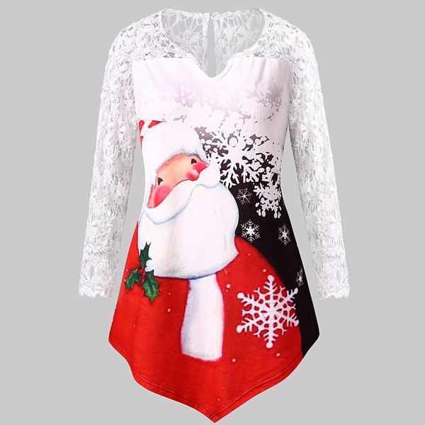 

5xl plus size women christmas tunic blouse cute cartoon print lace tunic shirt long sleeve winter clothes chemisier femme, White