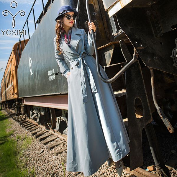

women coat autumn winter maxi coat women wild long trench belt waist turn-down collar skirt stlye windbreaker, Tan;black