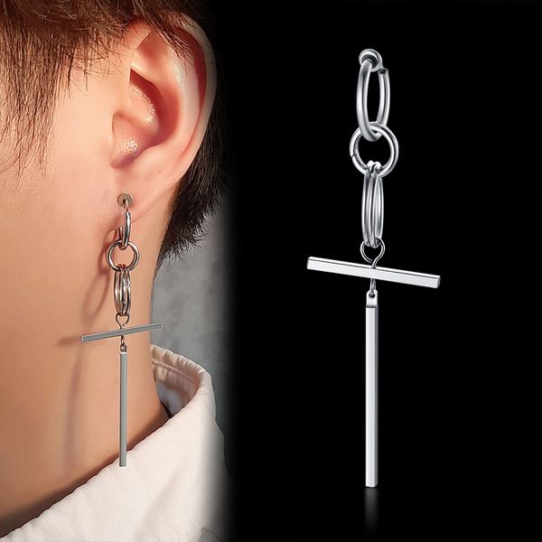 

puck rock men stainless steel earring cross ear clip with double circle fashion male jewelry gift, Golden;silver