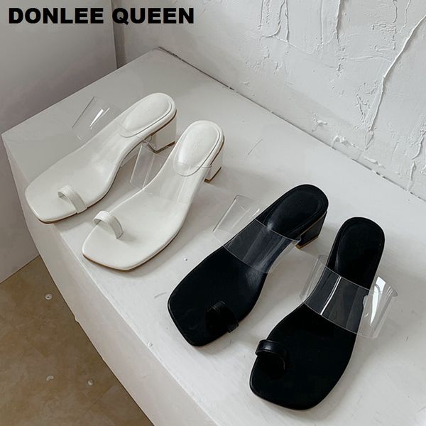 

2020 women slippers summer outdoor sandal square heel 5cm slip on flip flop elegant women slides sandals transparent pvc slipper, Black