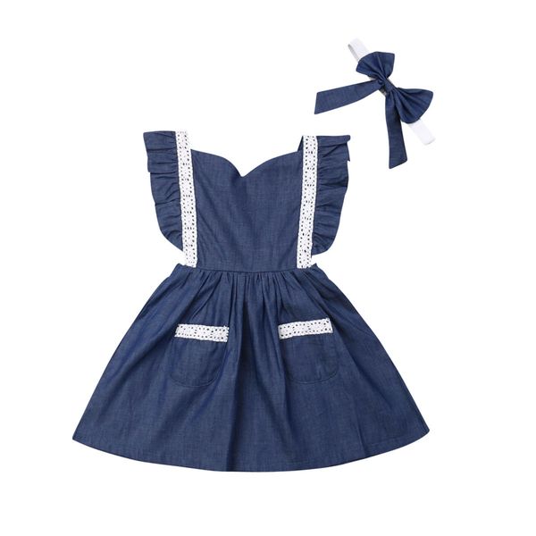 

brand baby kids casual girls dresses denim lace fly sleeve pockets party wedding bridesmaid gown strap tutu long dresses, Red;yellow