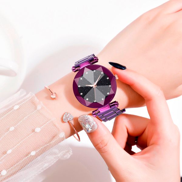 

women steel band watch fashion simple cool wild multiangle raise star sky dial watch buckle ladies roman quartz 11.18, Slivery;brown