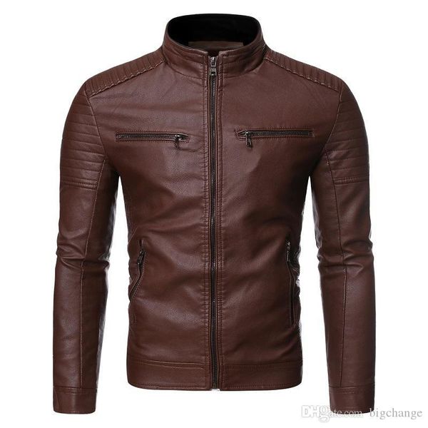 

men autumn jacket vintage leather motorcycle causal coat men outfit fashion biker zipper pocket design pu leather jacket men, Black