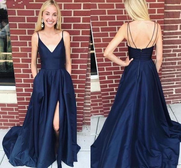 

side split prom dresses with pockets spaghetti straps open back long stain floor length formal evening party gowns vestido, Black