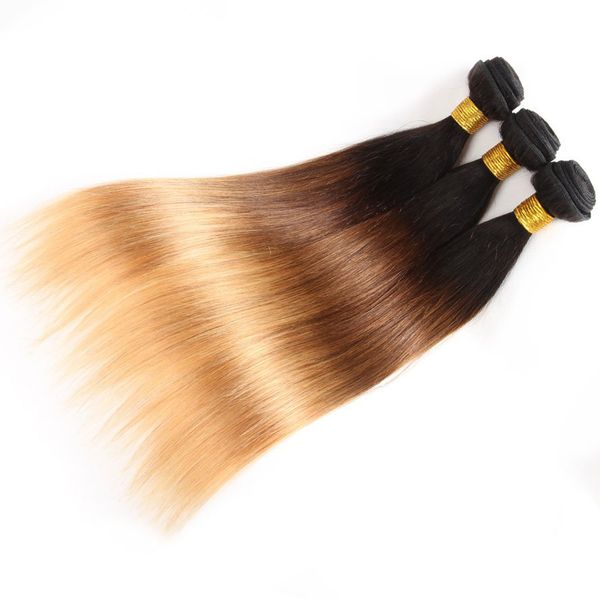 

8a ombre brazilian straight hair 3 or 4 bundles 1b/4/27 cuticle aligned virgin ombre human hair double weft, Black