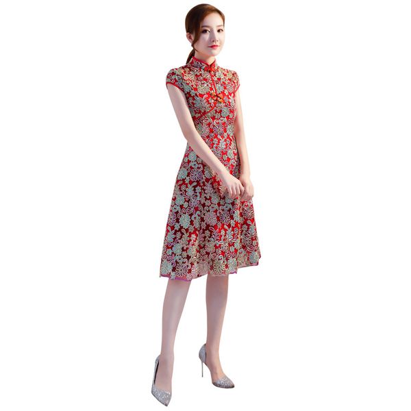 

new chinese traditional women lace embroidery qipao vintage cheongsam novelty chinese formal dress size s  l xl xxl, Red