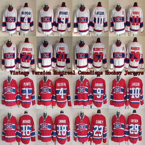 

montreal canadiens vintage jerseys 1 plamte 4 beliveau 9 richard 10 lafleur 29 dryden 31 price 79 markov 11 koivu ccm hockey jersey, Black;red