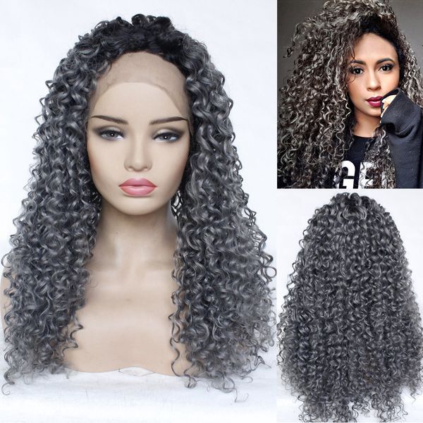 1b Gray Afro Curly Hair Lace Front Wig 13 3 Heat Resistant Fiber Synthetic Hair Lace Wigs For Black Woman Grey Long Kinky Curly Freetress Equal Wig