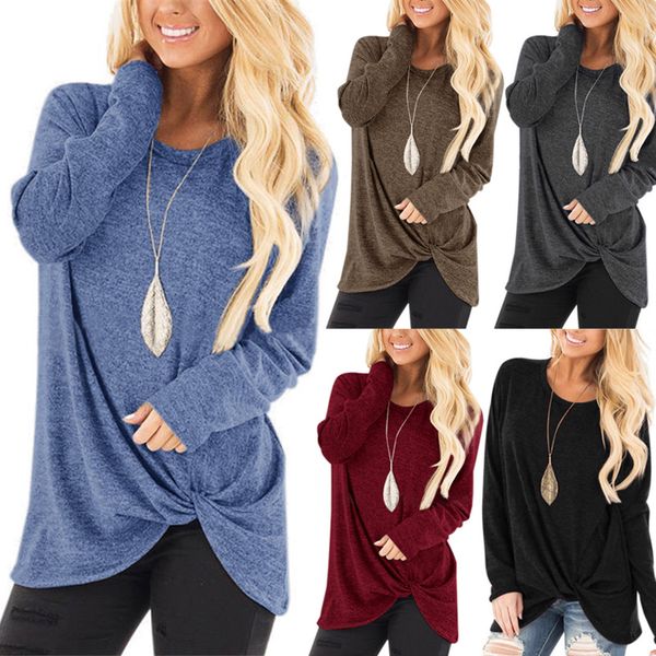 

women twisted long sleeve round collar solid color t-shirt breathable for autumn ya88, Black;blue
