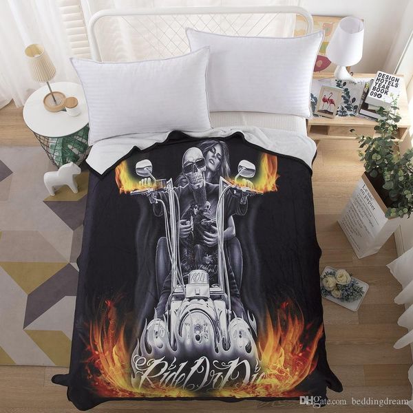 

throw blanket soft plush comfortable skeleton and beauty motorcycle flame bedspread 3d printed black fashion home textile